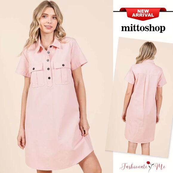 Mittoshop Button Detail Collared Neck Short Sleeves Mini Shirt Dress | Baby Pink - Picture 1 of 6